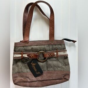 Mona B Purse Rowen Canvas Brown Tan Shoulder Bag Leather Brass Hardware NWT